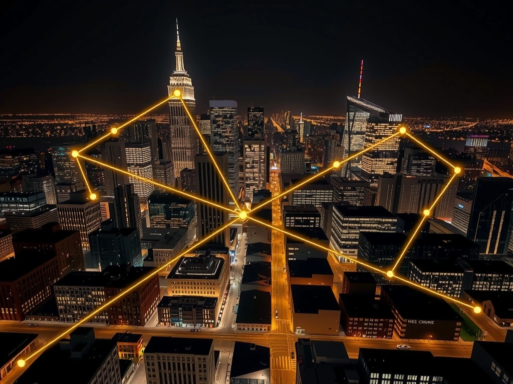 Golden constellation overlaying city geometry